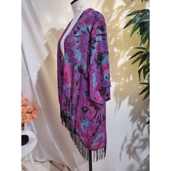 Hot Topic Tie Dye Fringe Kimono Junior Womens Size XL Sheer Flowy Layer Top - Picture 5 of 8